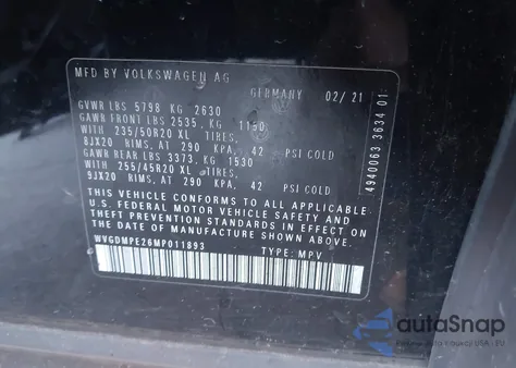 2021 Volkswagen Id.4 1St Edition z USA, uszkodzony, nr VIN WVGDMPE26MP011893